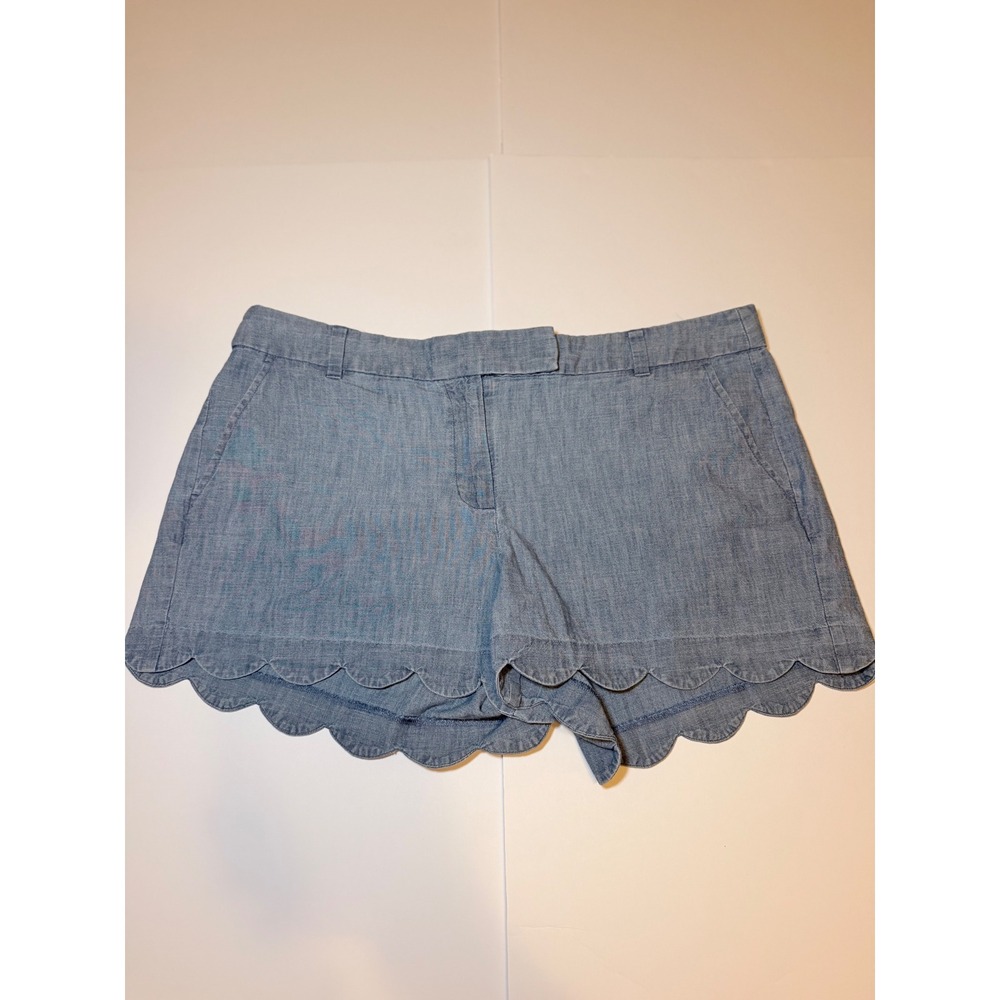 J.Crew Scalloped Hem Chambray Shorts Light Blue Linen Cotton Size 14